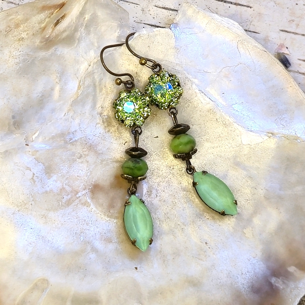 Victorian Green Flower Crystal In Three Tier Long Earrings In Brass